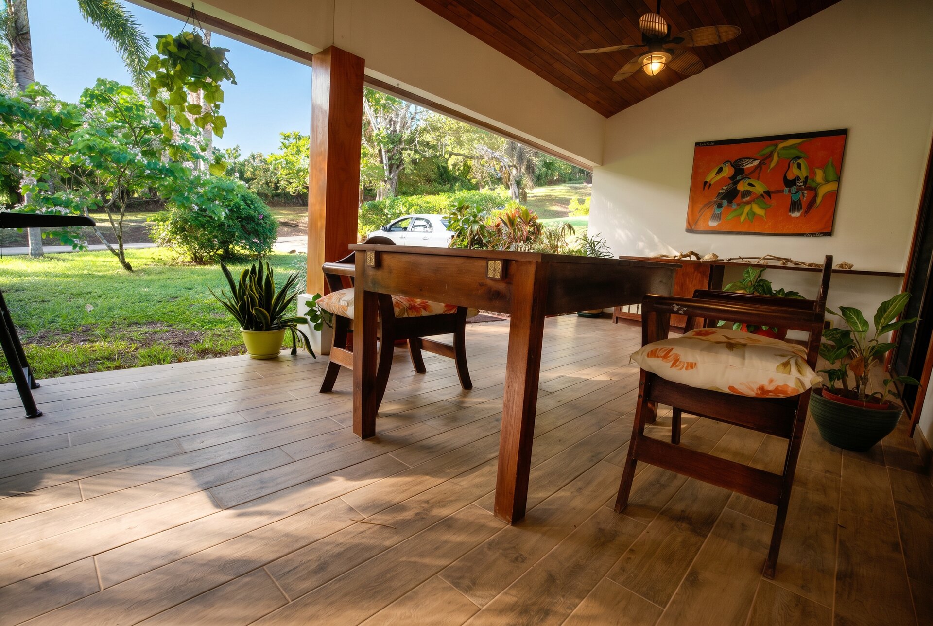 Covered terrace with wood ceiling