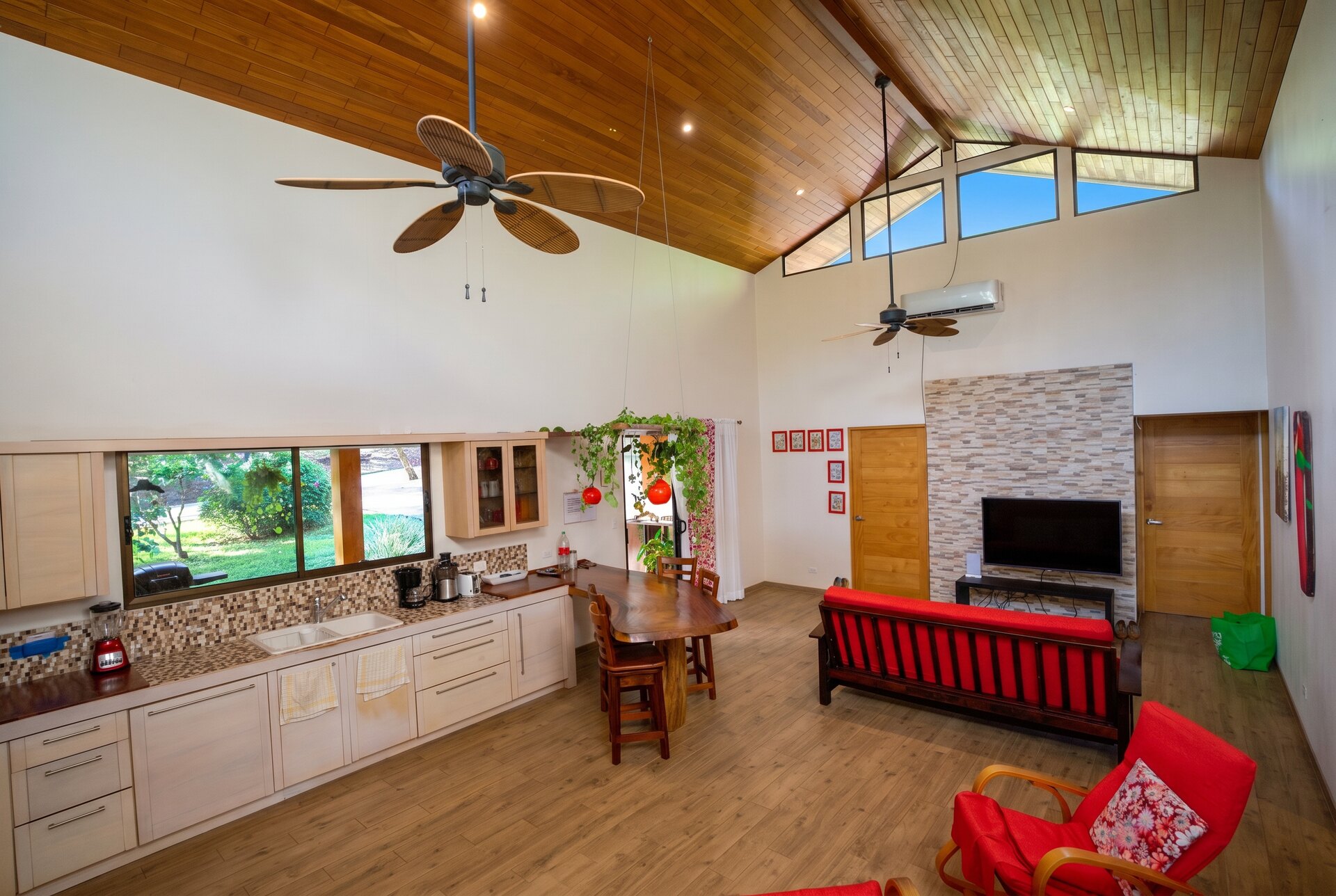 Living room with stone feature wall